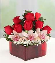 3 kandil orkide 7 kırmızı gül kalp mika Ankara internetten çiçek satışı